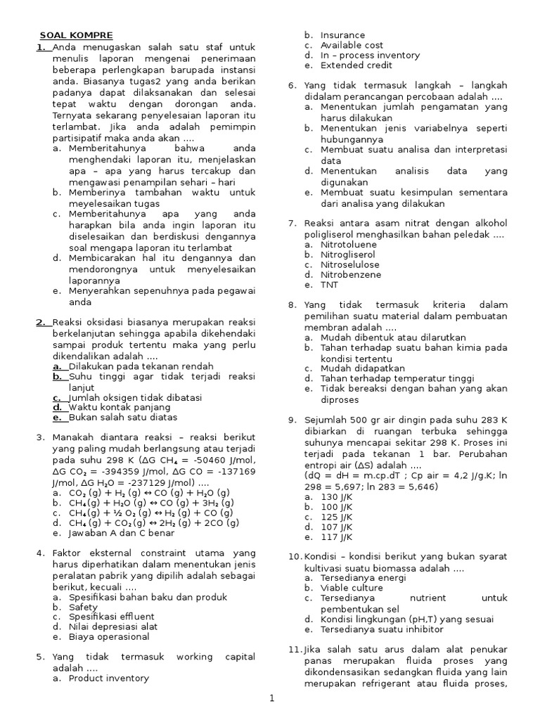 Contoh Soal Ujian Komprehensif Teknik Kimia Undip 2010