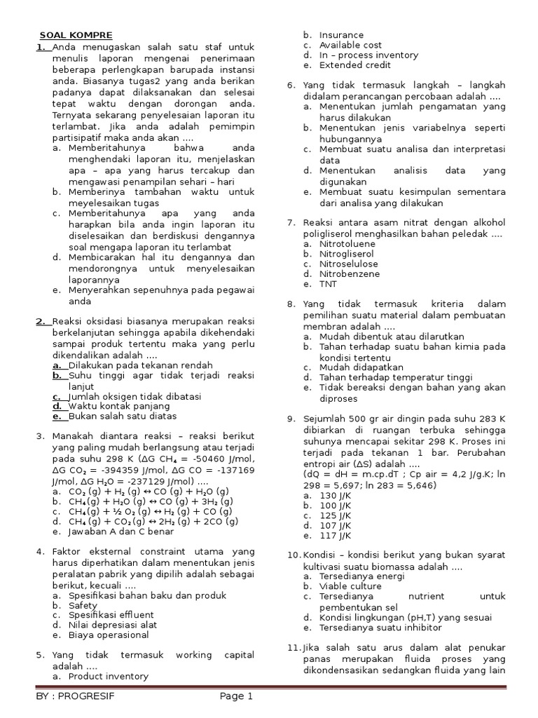 Soal Ujian Komprehensif Teknik Kimia Undip 2014