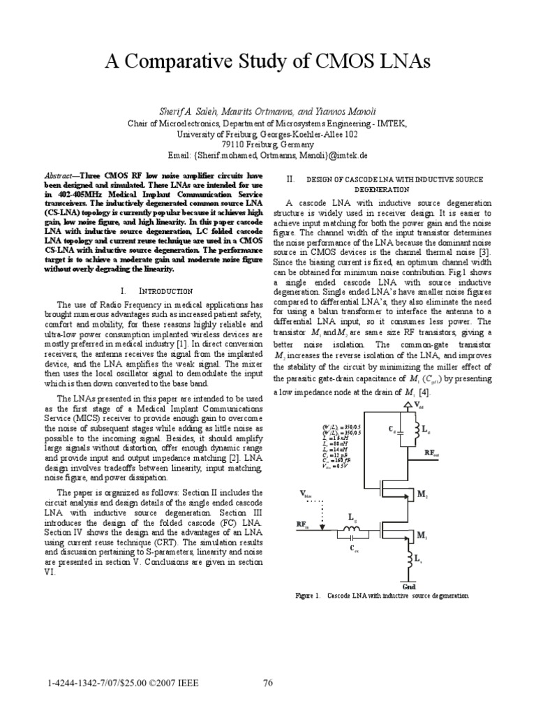 A Comparative Study of CMOS LNAs | PDF | Field Effect Transistor | Inductor