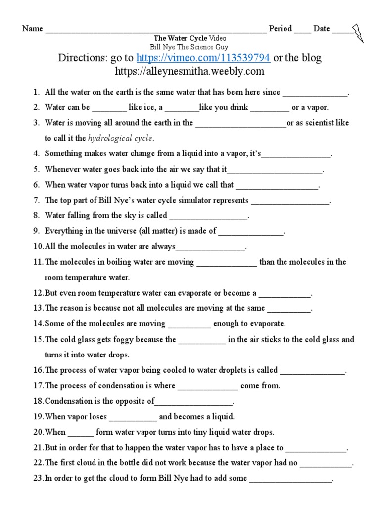 5 5 5016 Used  Element Bill Nye Water Cycle Graphic Organizer Video Intended For Bill  Nye Water Cycle Worksheet