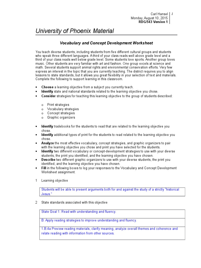 vocabulary and concept development worksheet vocabulary