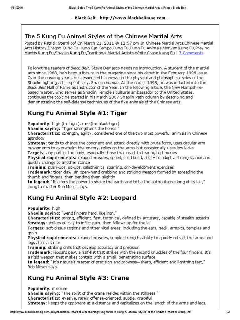 The 5 Kung Fu Animal Styles of The Chinese Martial Arts PDF Chinese