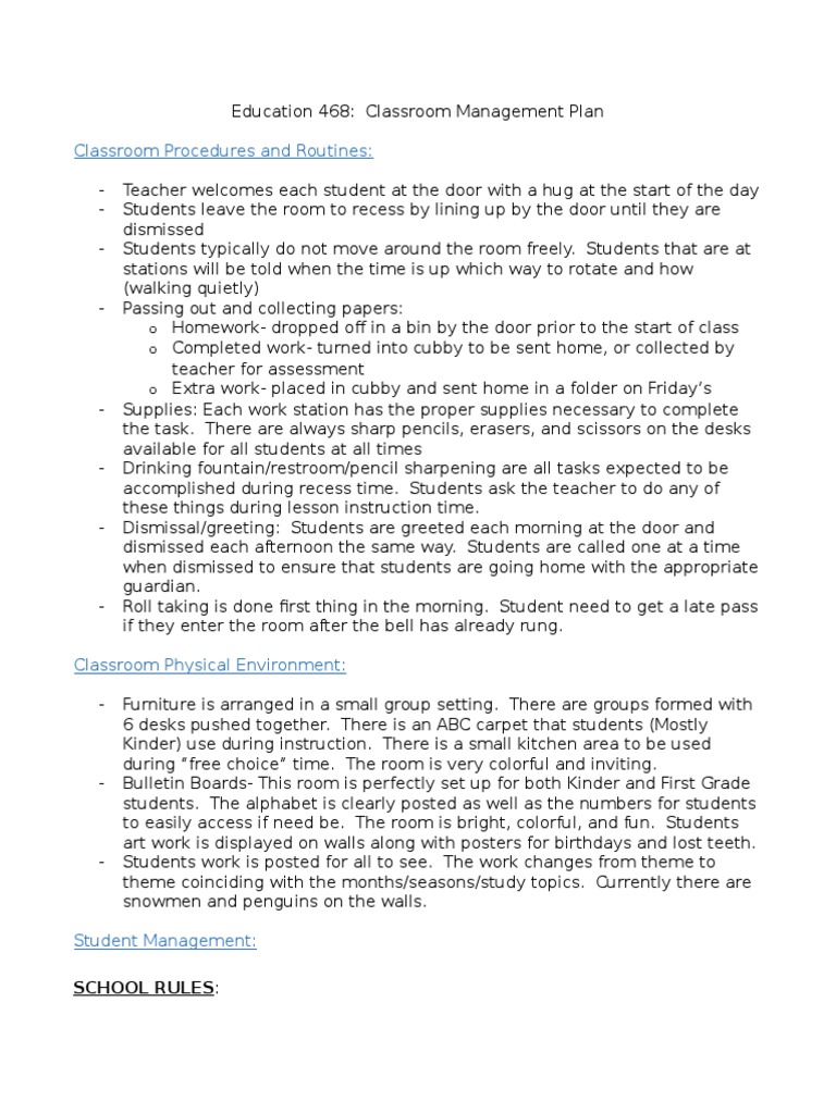 Classroom Management Plan Overview | PDF | Classroom Management | Classroom