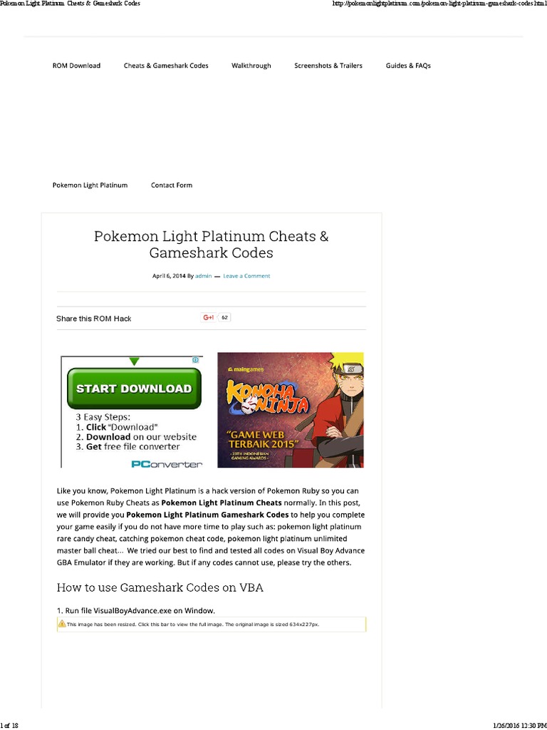 Pokemon Light Platinum Cheats & Gameshark Codes PDF Fictional Life