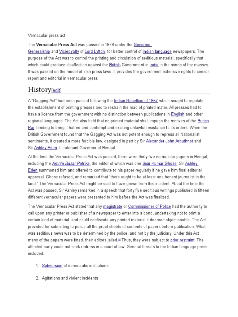 Vernacular Press Act Download Free PDF Freedom Of Expression