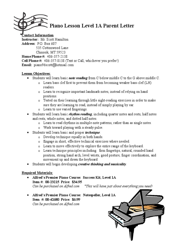 Piano Lesson Level 1A Parent Letter Piano I Pad