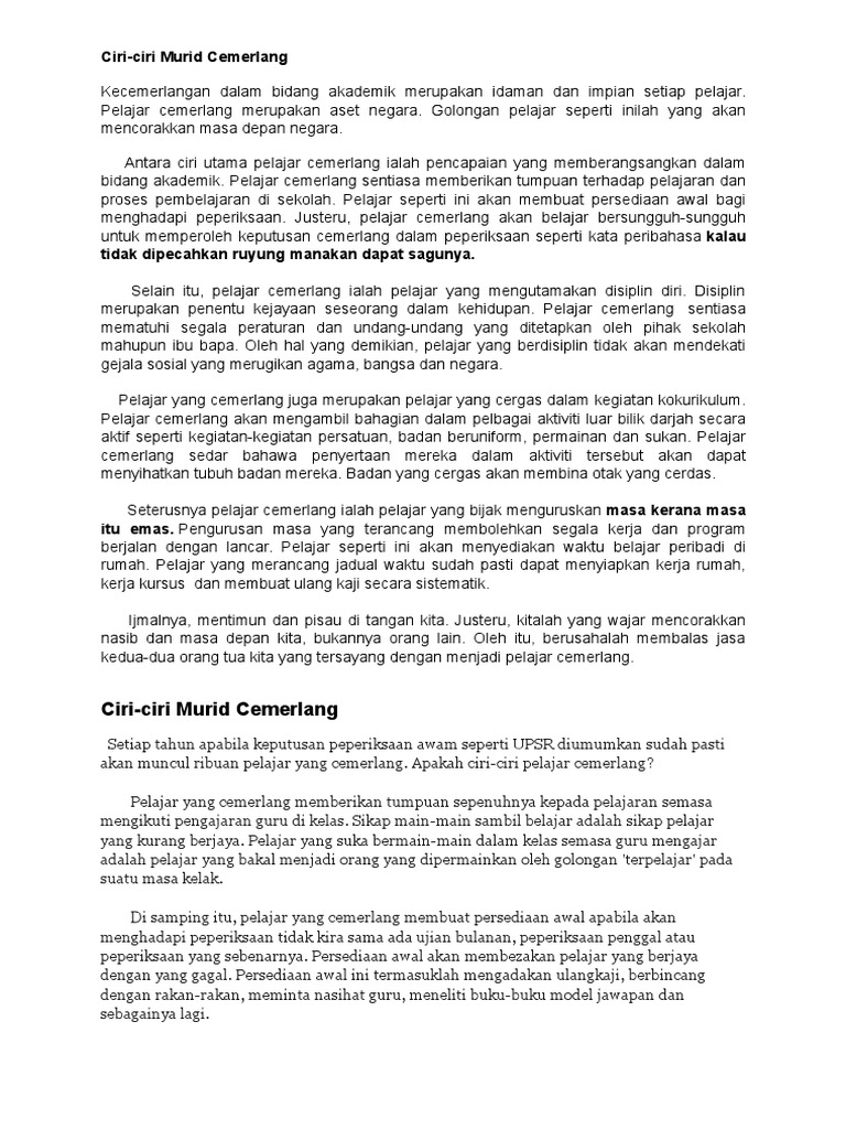 Karangan Thn5 Ciri Murid Cemerlang Pdf