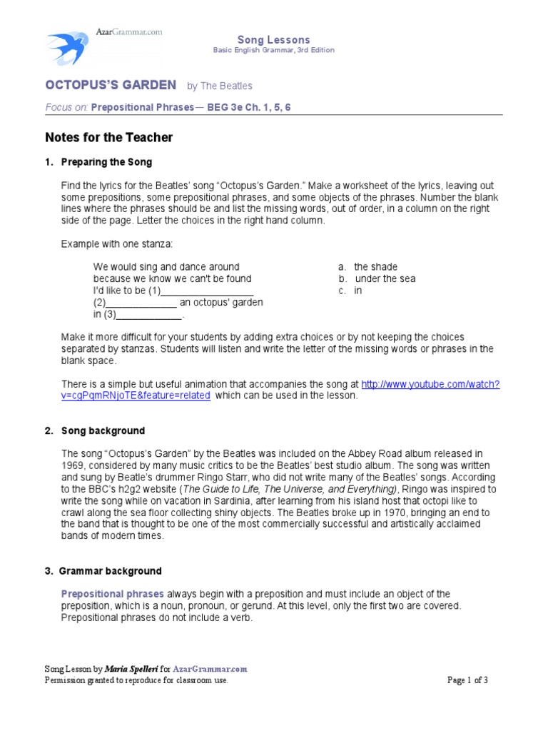 Octopus Garden 1 Exercises Preposition And Postposition