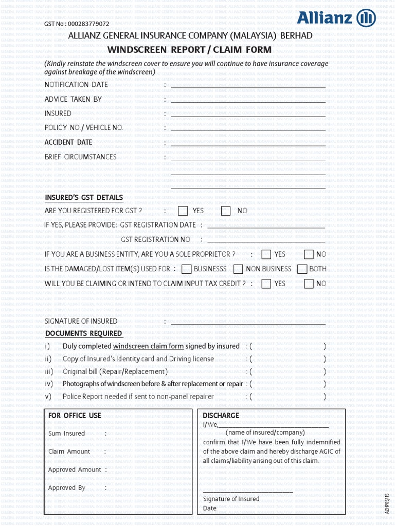 Windscreen Report Claim Form PDF Personally Identifiable