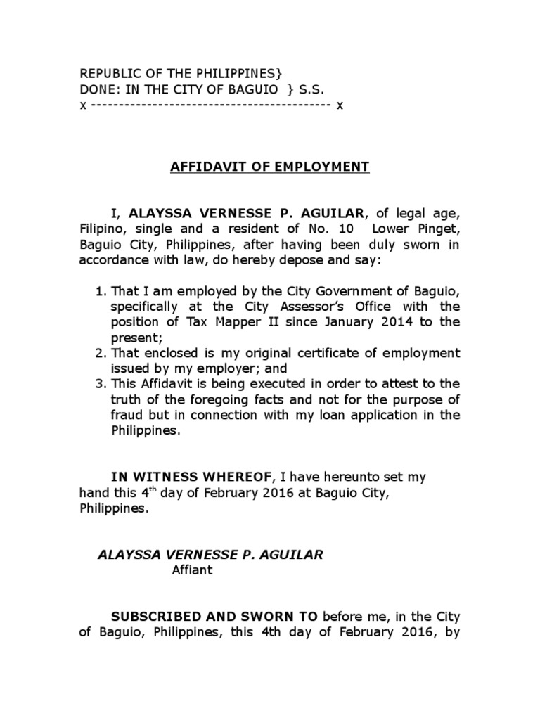 Affidavit Of Employment Template