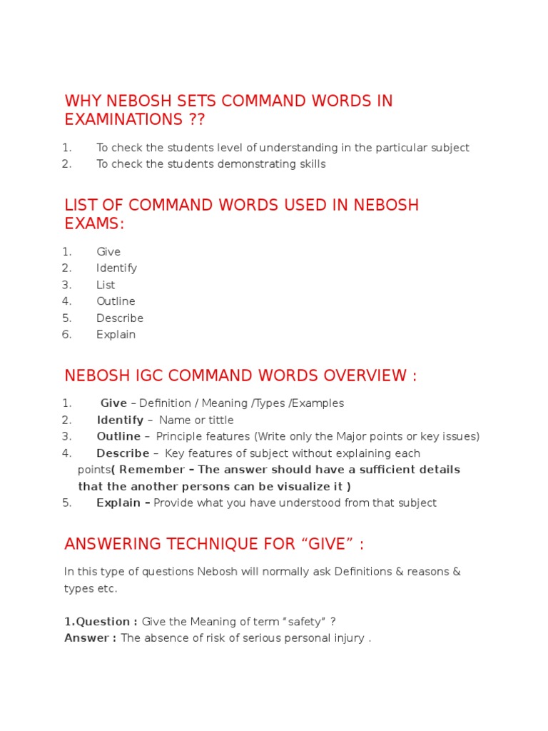 NEBOSH Command Words Explained | PDF | Occupational Safety And Health ...