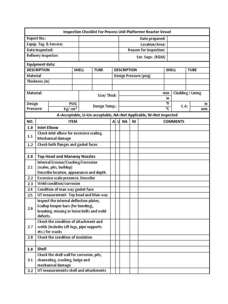 Inspection Checklist Platformer Reactor Vessel Pipe (Fluid Conveyance