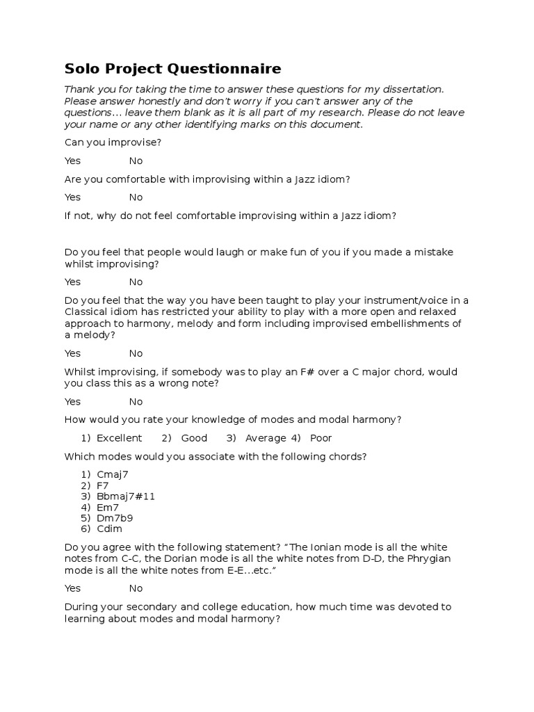 Solo Project Questionnaire | PDF