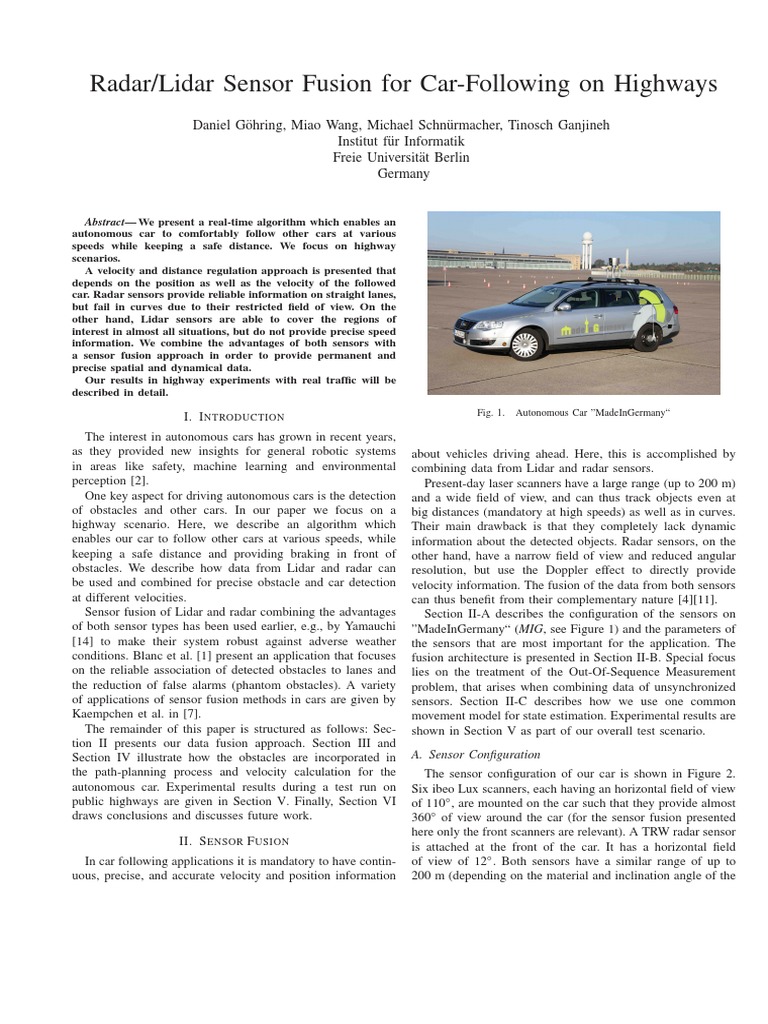 Radar-Lidar Sensor Fusion For Car-Following On Highways | PDF | Lidar ...