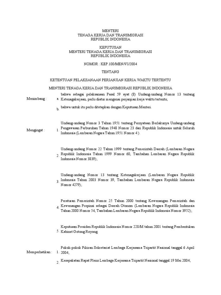 Contoh Perjanjian Kerja Waktu Tidak Tertentu Pkwtt