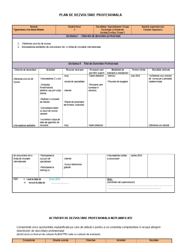Plan Dezvoltare Profesionala Model CU | PDF