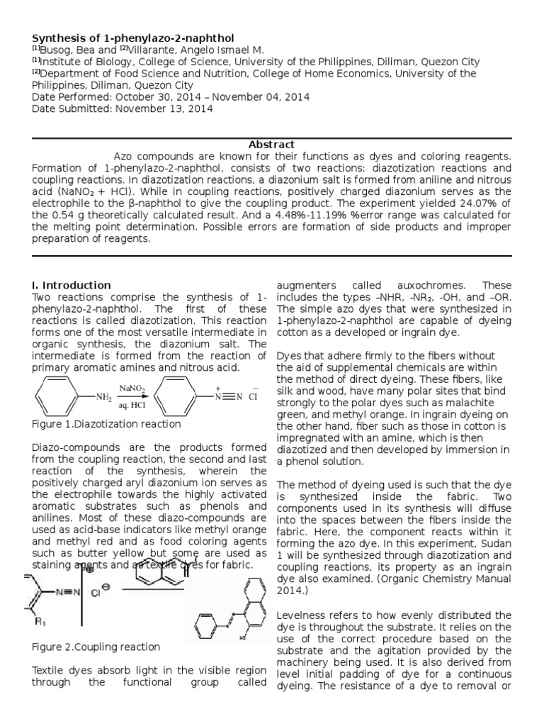 Synthesis of Ingrain Azo Dye | PDF | Dye | Molecules