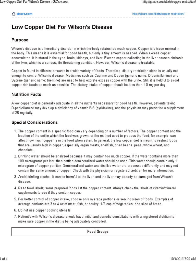 Low Copper Diet For Wilson's Disease PDF Foods Drink