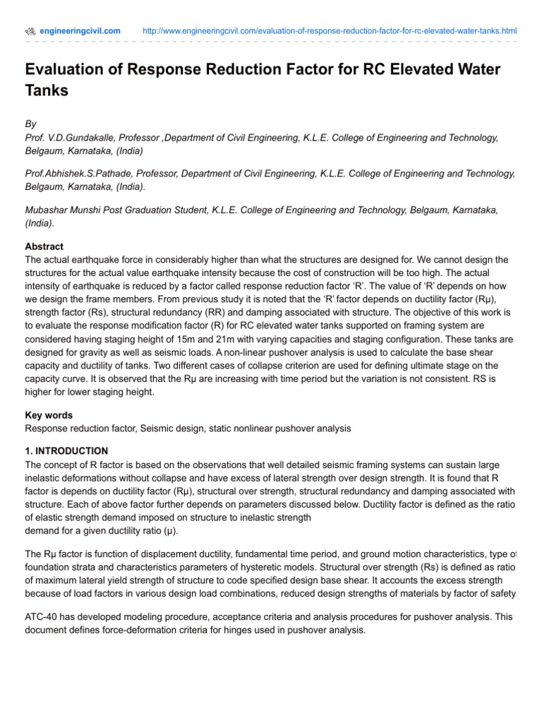 Evaluation of Response Reduction Factor For RC Elevated Water Tanks ...