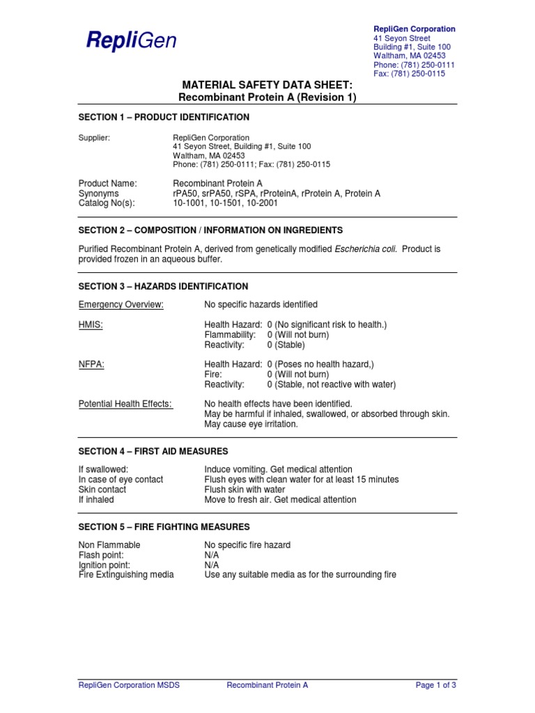 Repligen Material Safety Data Sheet Protein A (Revision 1