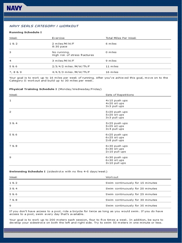 US Navy Seals Category I and II Workouts | PDF