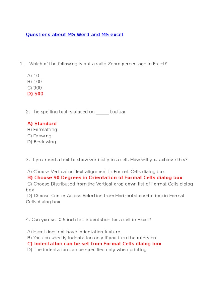 MS Word and Excel Practice Questions | PDF | Microsoft Excel | Spreadsheet