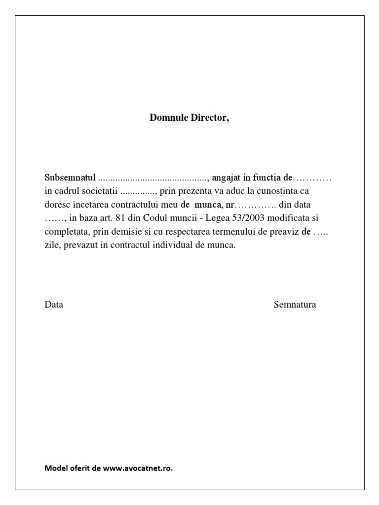 Model Notificare Demisie