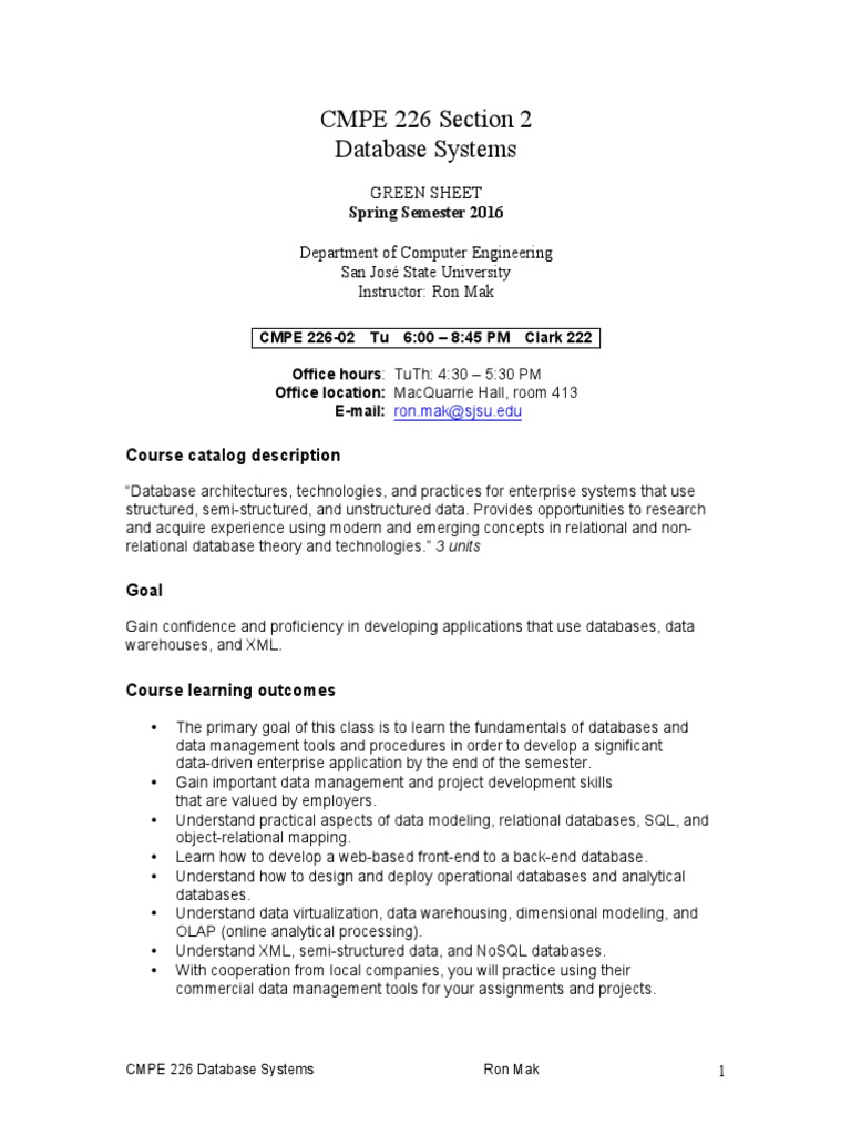 CMPE 226 Section 2 Database Systems: Spring Semester 2016 | PDF ...
