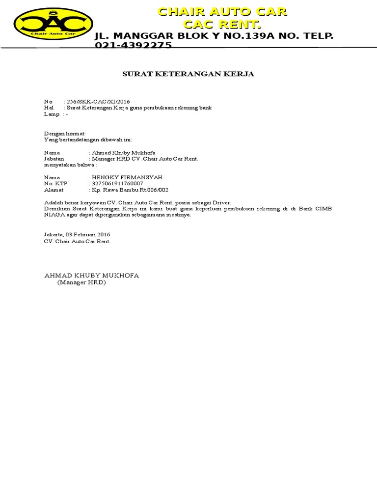 Surat Keterangan Kerja