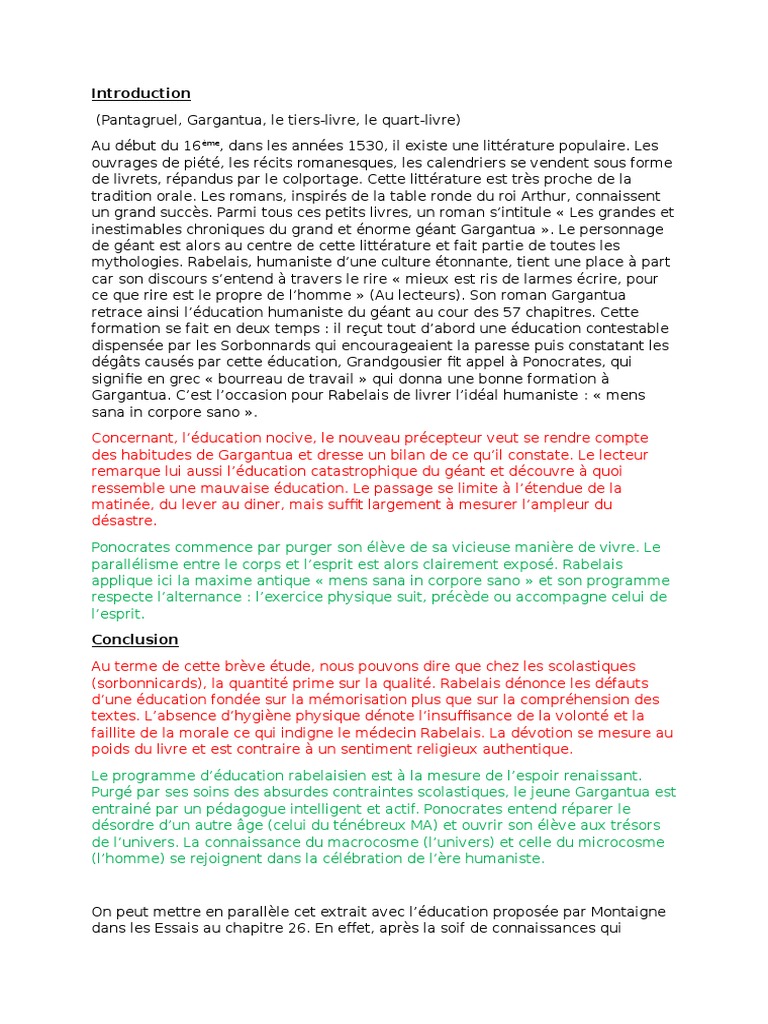 sujet de dissertation de gargantua