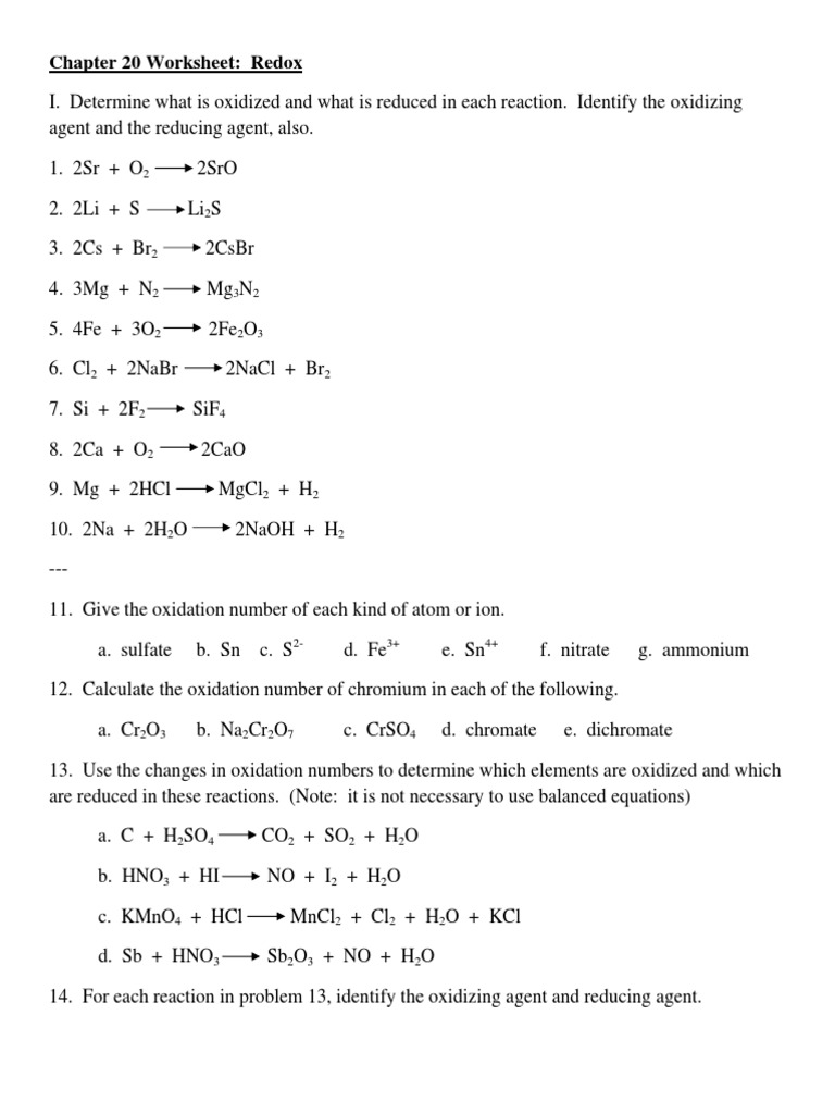 Redox Reactions Practice Problems Determining Oxidation Numbers Worksheet