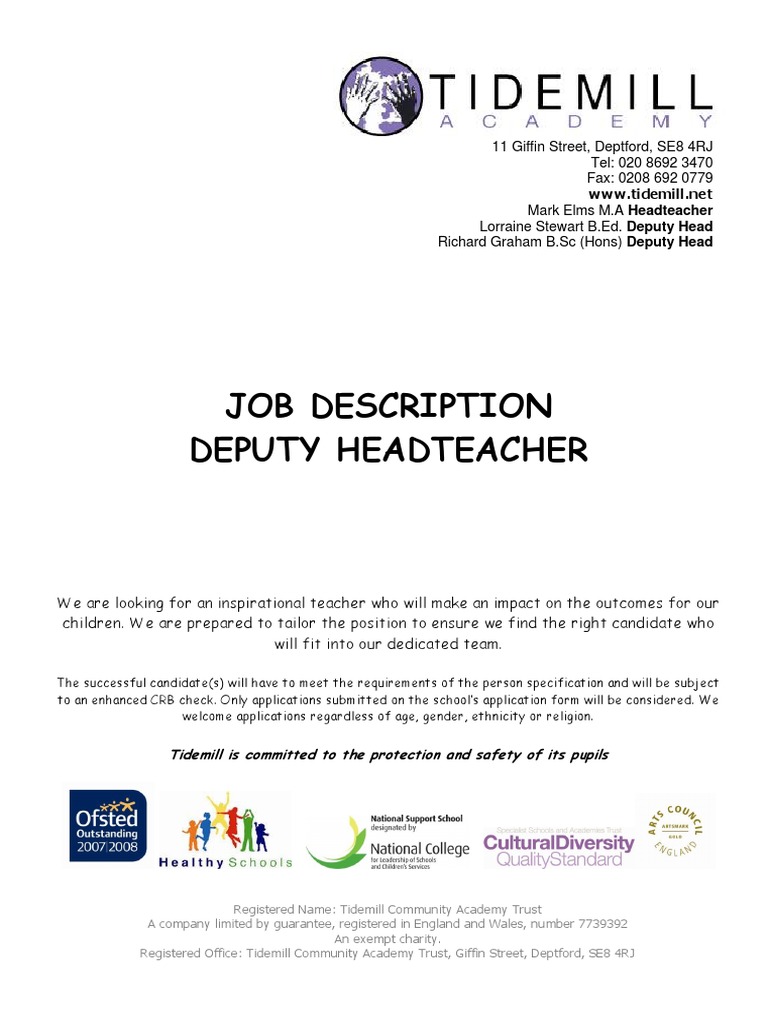 Deputy Headteacher Job Description And Person Specification 