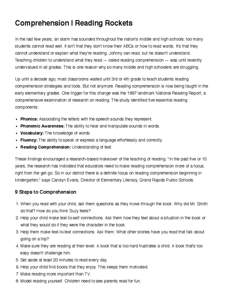 comprehension reading rockets Reading Comprehension Reading (Process)