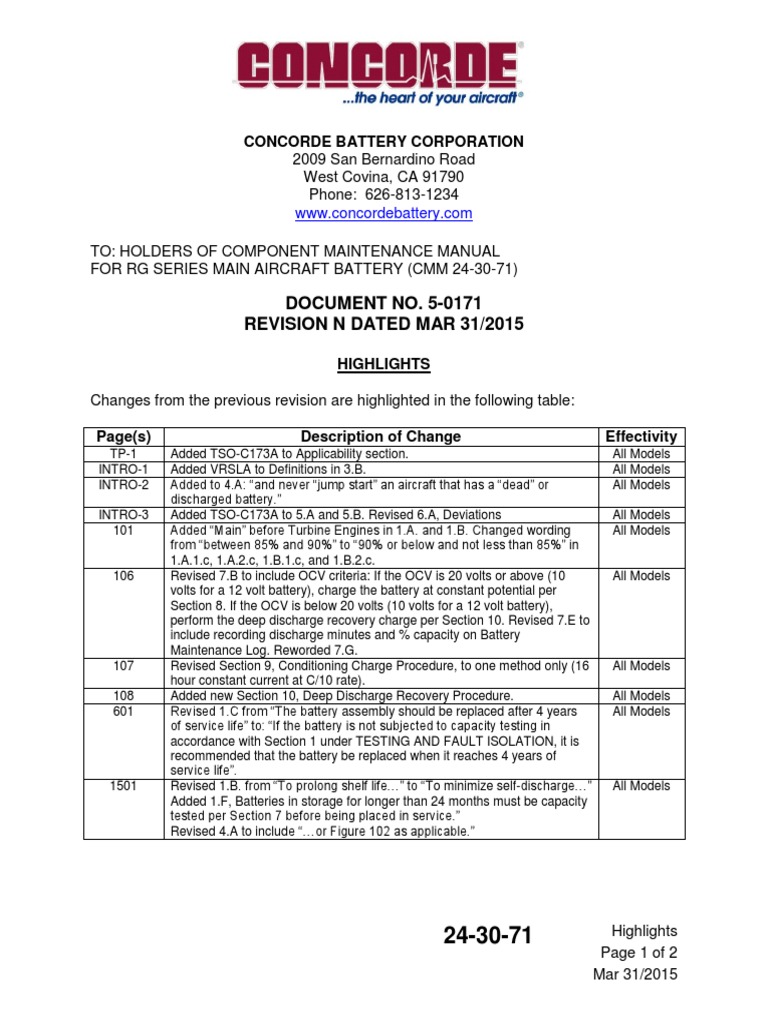 Concorde Battery Component Maintenance Manual PDF Battery