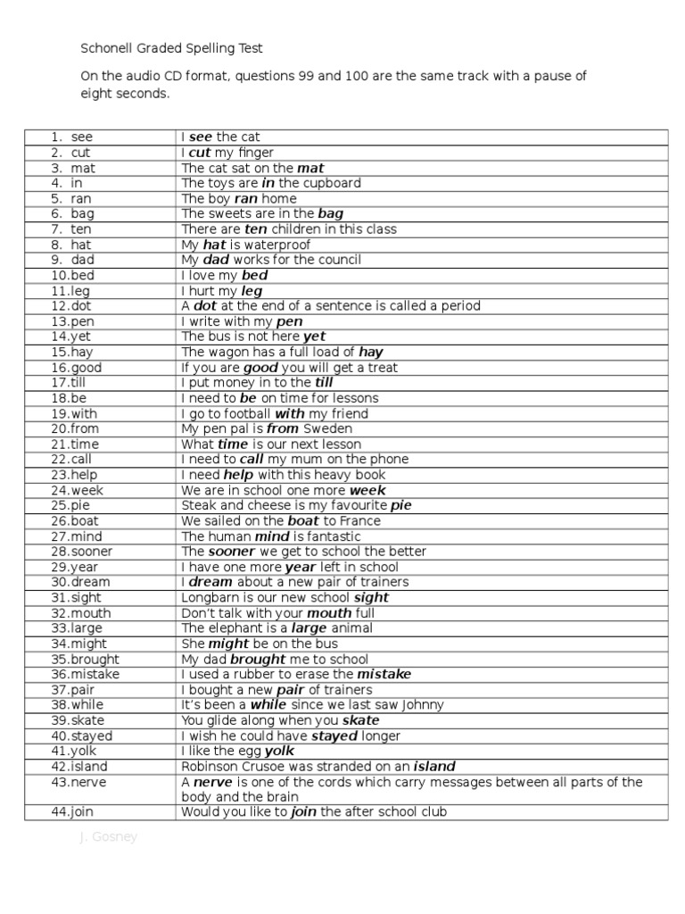 Schonell Graded Spelling Test Guide | PDF