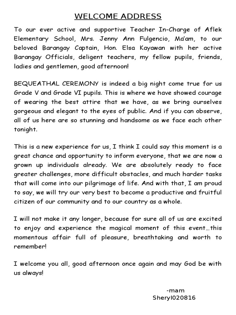 Welcome Speech For Bequeathal Ceremony