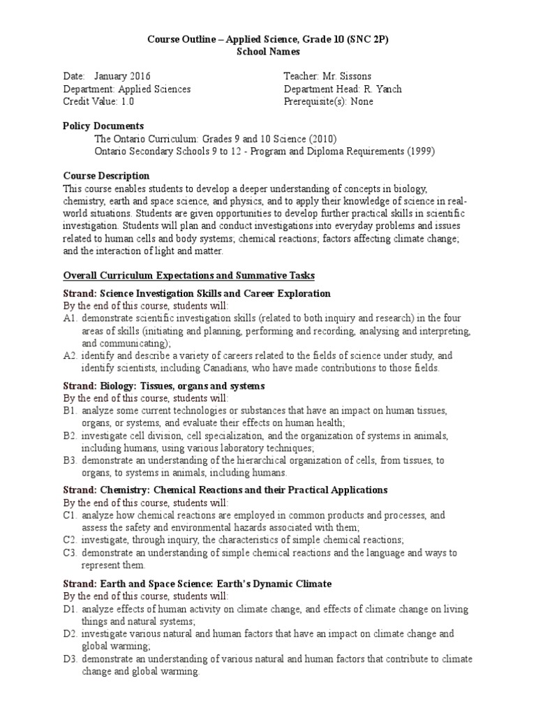 Grade 10 Applied Science Course Outline | PDF | Educational Assessment ...