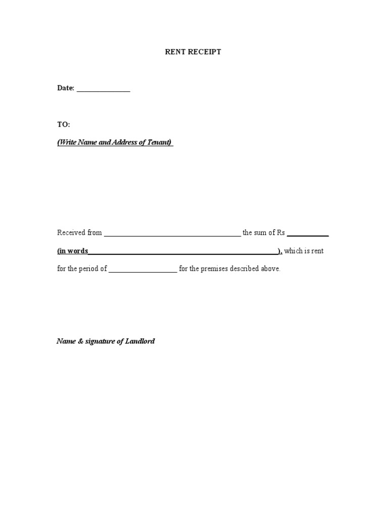 Rent Receipt: (Write Name and Address of Tenant) | PDF