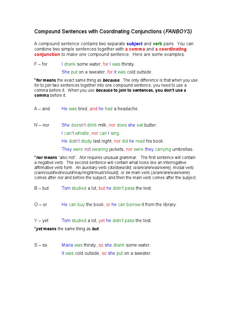 Compound Sentences With Coordinating Conjunctions