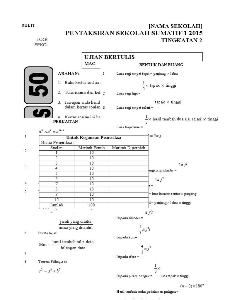 Pentaksiran Sumatif 1 Matematik Tingkatan 2 Pdf