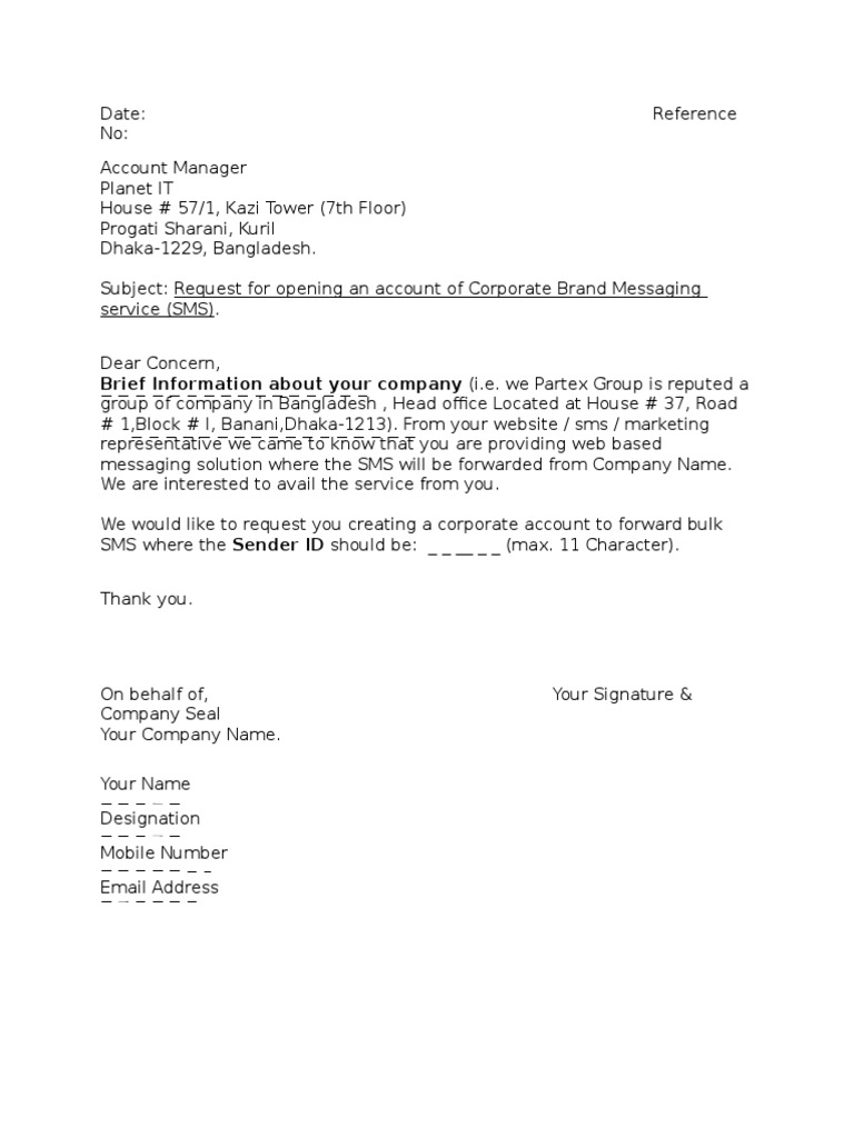 Authorization Letter for  introduction a Corporate SMS Account