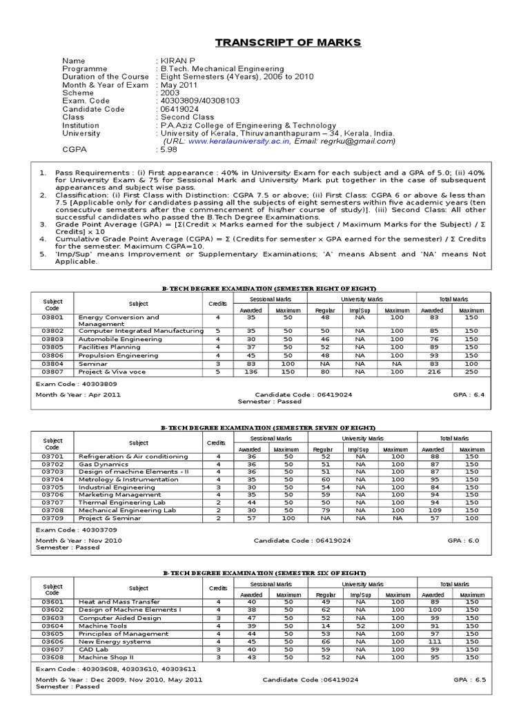 B.Tech Mechanical Engineering Transcript | PDF | Grading (Education ...