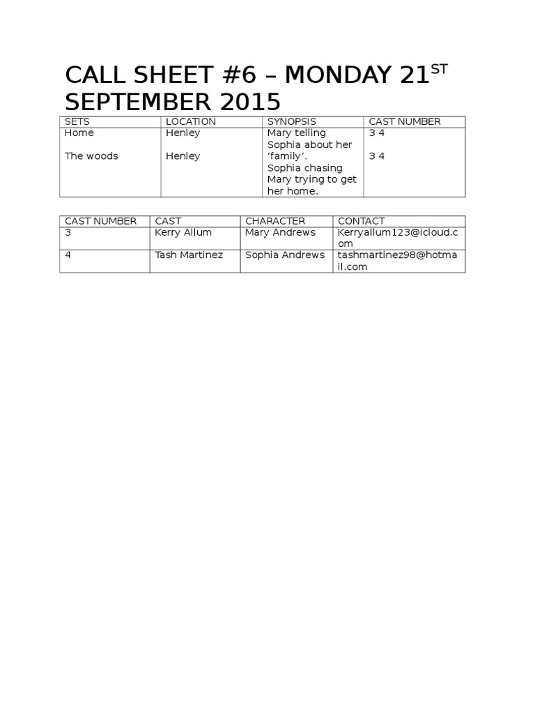 Film Crew Call Sheet | PDF