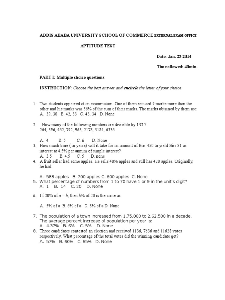 AAU Aptitude Test Sample Questions | PDF | Tests | Test (Assessment)