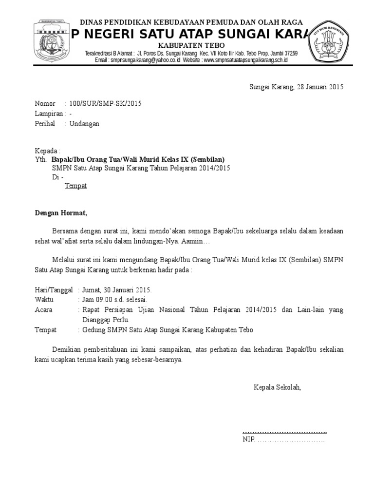Contoh Surat Undangan Rapat Untuk Orang Tua Wali Muriddoc