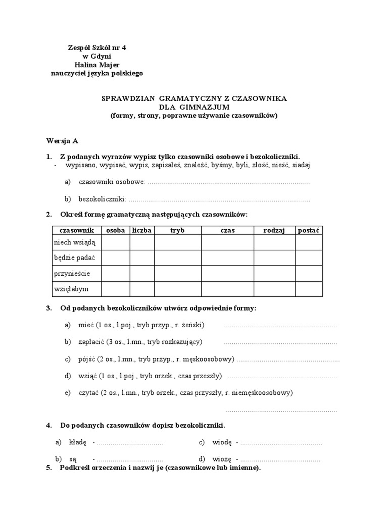 Sprawdzian Z Czasownika Klasa 6 Pdf