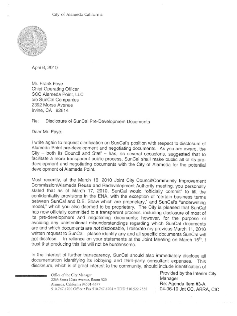 City of Alameda Letter to SunCal on Transparency 04062010  Politics