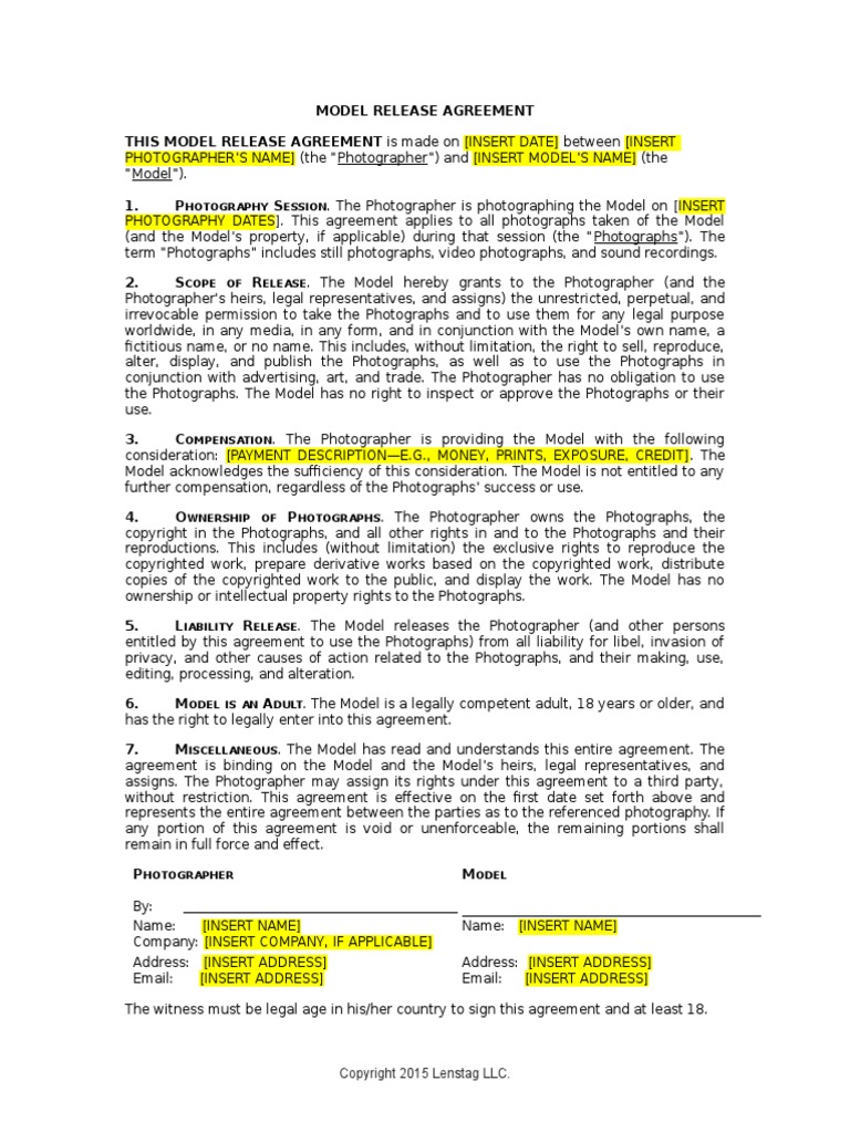 Model Release Agreement US PDF Photographer Photograph