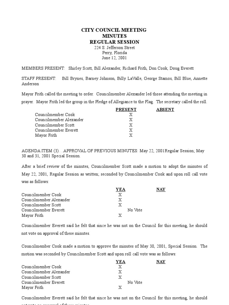 City Council Meeting Minutes Regular Session: Present Absent | PDF ...
