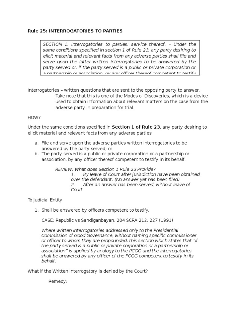 Rule 25 Revised Rules of Court Interrogatories Deposition (Law)